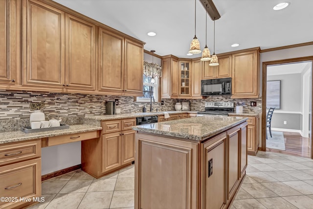 kitchen featuring stainless steel electric range oven, light tile patterned floors, decorative backsplash, light stone countertops, and black microwave