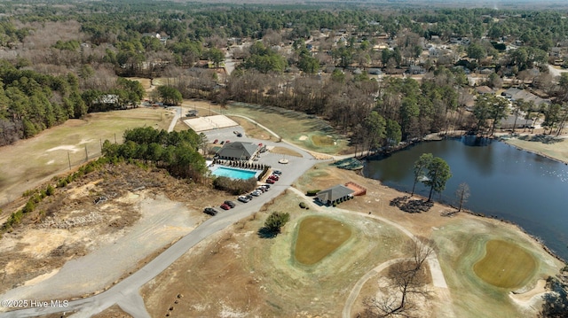 bird's eye view featuring a water view and a forest view