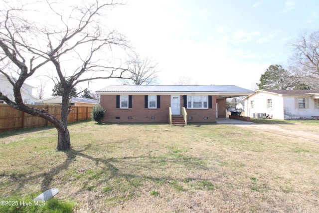 single story home featuring brick siding, a front yard, crawl space, fence, and a carport