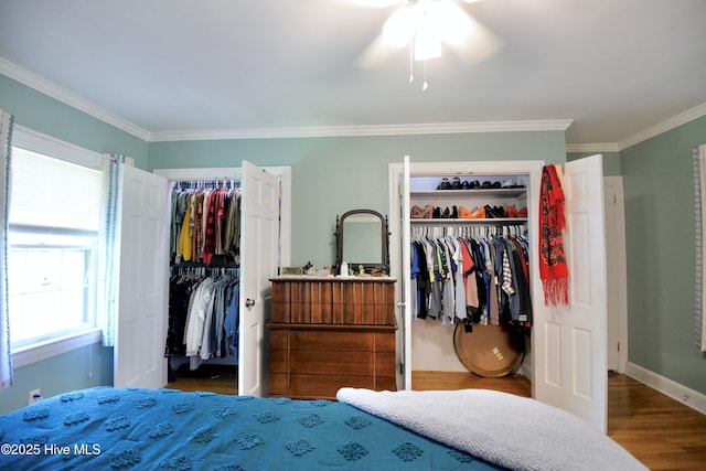 bedroom with wood finished floors, a ceiling fan, baseboards, multiple closets, and crown molding