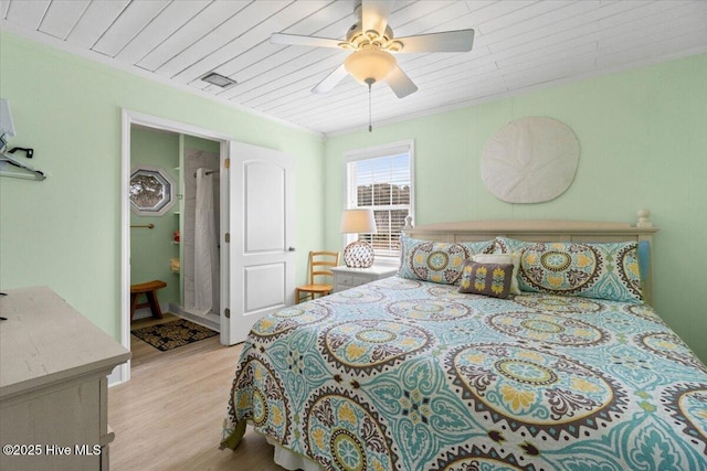 bedroom featuring light wood-type flooring, ceiling fan, wood ceiling, and visible vents