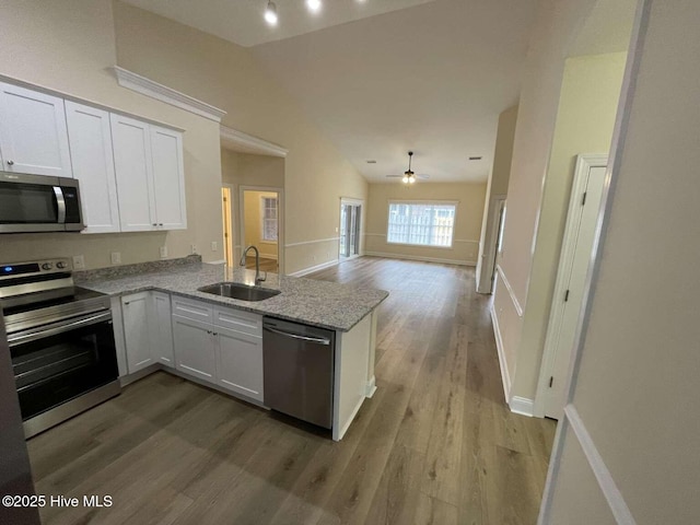 kitchen featuring lofted ceiling, stainless steel appliances, a peninsula, wood finished floors, and a sink