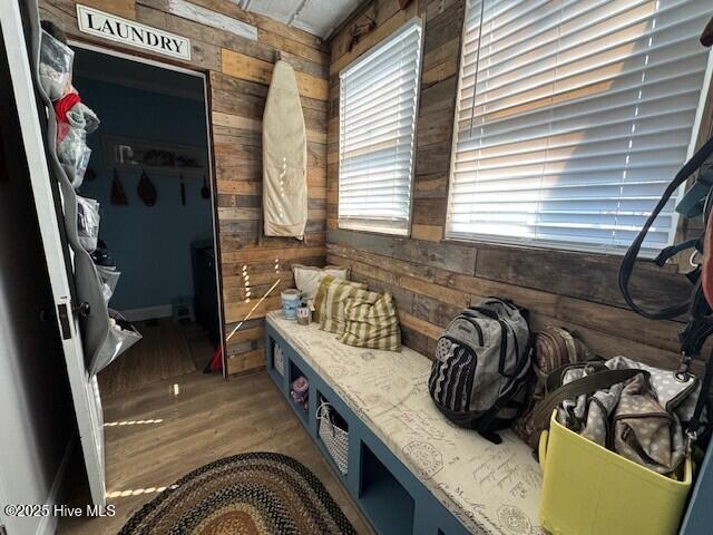 mudroom featuring a healthy amount of sunlight, wood finished floors, and wooden walls