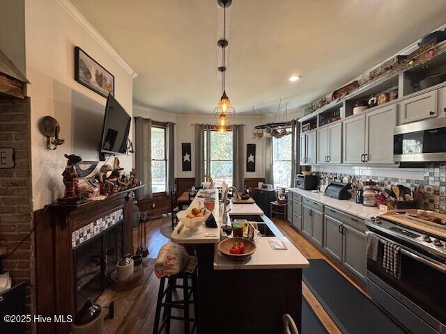 kitchen featuring dark wood-type flooring, stainless steel appliances, light countertops, a fireplace, and a sink