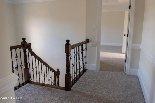 staircase featuring carpet floors and baseboards