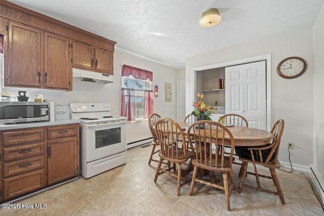 kitchen with white electric range oven, stainless steel microwave, baseboard heating, light countertops, and under cabinet range hood