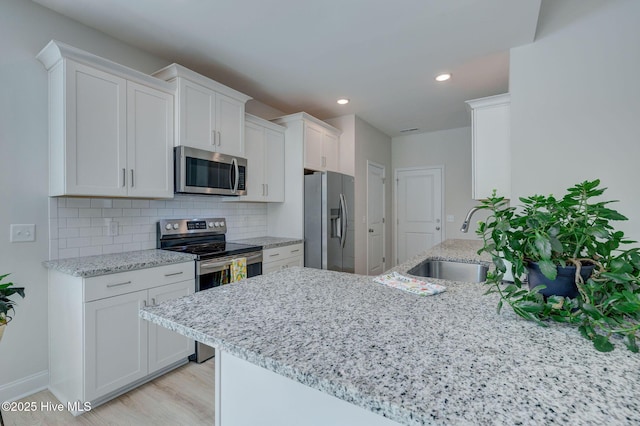 kitchen with a peninsula, a sink, stainless steel appliances, white cabinetry, and backsplash