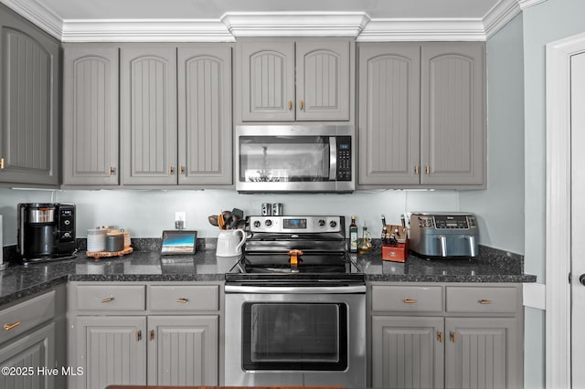 kitchen with stainless steel appliances and gray cabinetry