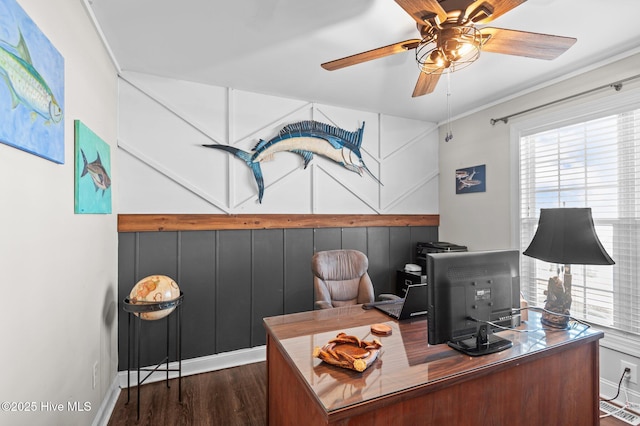 home office with dark wood finished floors, baseboards, and ceiling fan