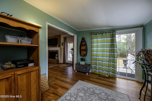 interior space featuring wood finished floors and crown molding