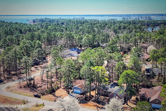 drone / aerial view featuring a view of trees and a water view