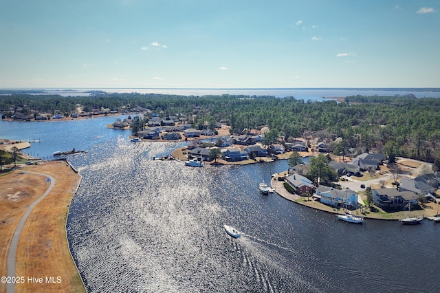 birds eye view of property featuring a residential view and a water view