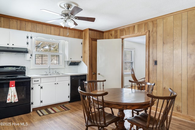 kitchen featuring light wood-style flooring, a healthy amount of sunlight, a sink, under cabinet range hood, and black appliances