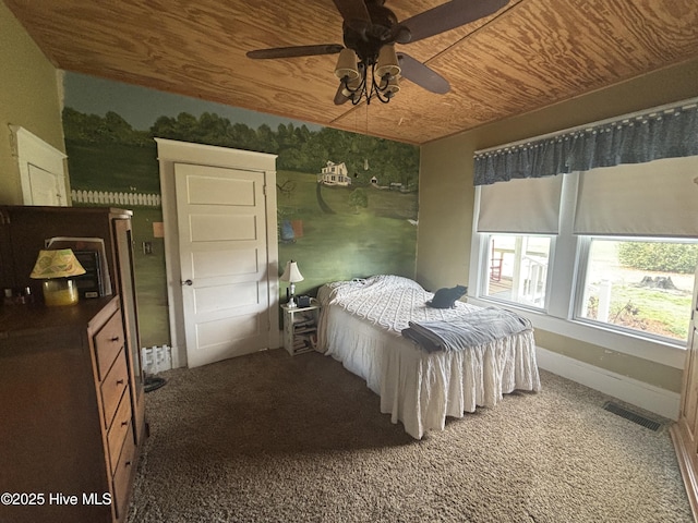 bedroom featuring wood ceiling, carpet floors, visible vents, and baseboards