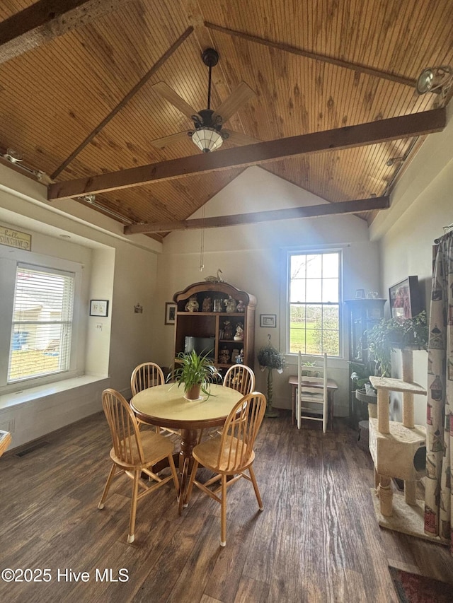 dining space with vaulted ceiling with beams, wooden ceiling, wood finished floors, visible vents, and a ceiling fan