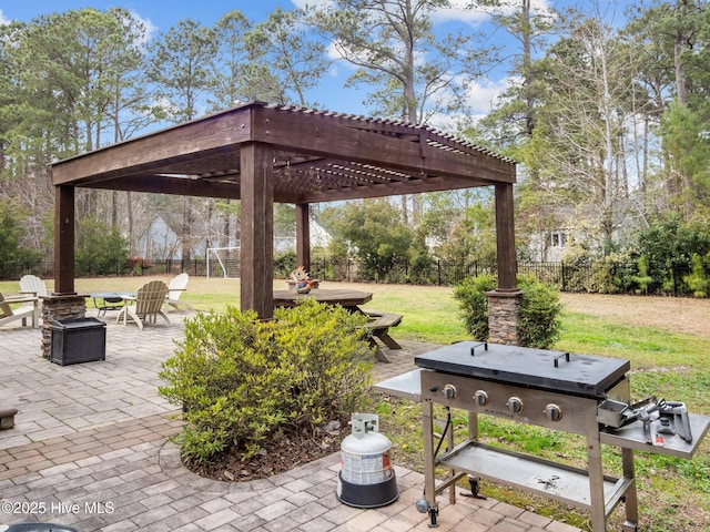 view of patio / terrace featuring a pergola, a fire pit, and fence