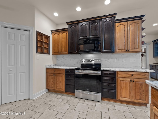 kitchen featuring recessed lighting, decorative backsplash, stainless steel electric stove, and black microwave