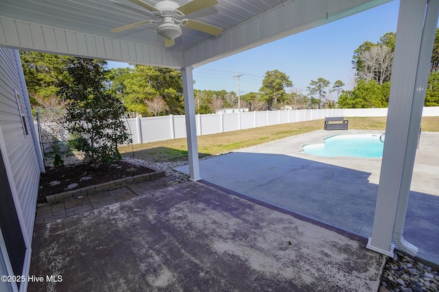 view of patio / terrace featuring a fenced backyard and ceiling fan