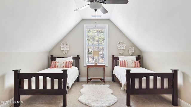 carpeted bedroom with a ceiling fan, lofted ceiling, visible vents, and baseboards