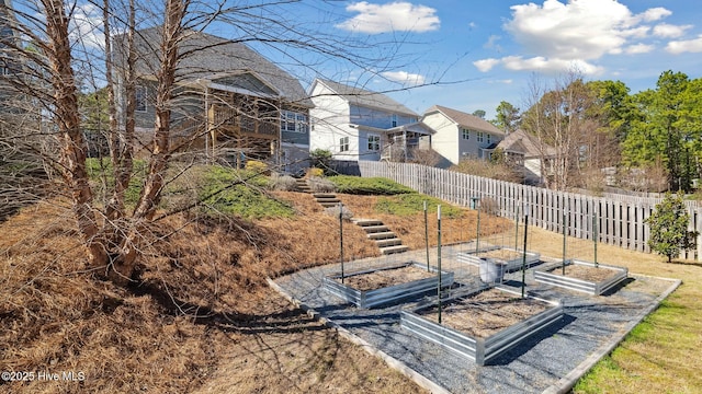 view of yard featuring fence, a vegetable garden, and a residential view