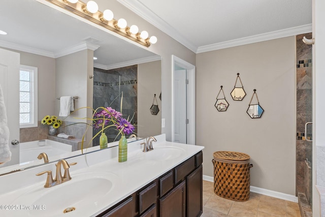 full bath with a shower stall, crown molding, and a sink