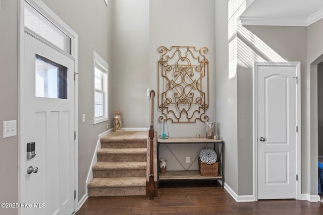 foyer entrance featuring baseboards, a high ceiling, dark wood-style flooring, and crown molding