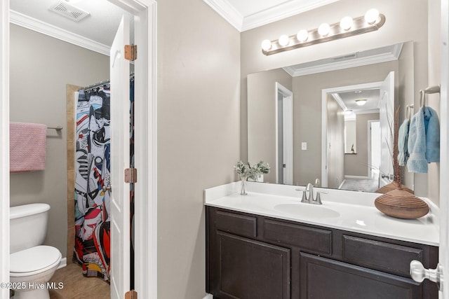 full bath with visible vents, toilet, vanity, and ornamental molding