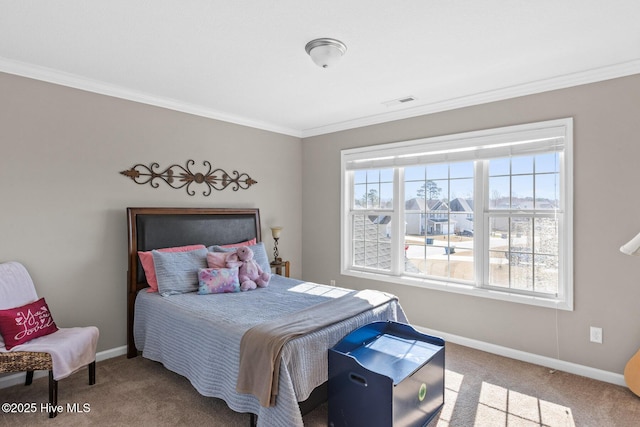 bedroom with multiple windows, crown molding, and carpet floors