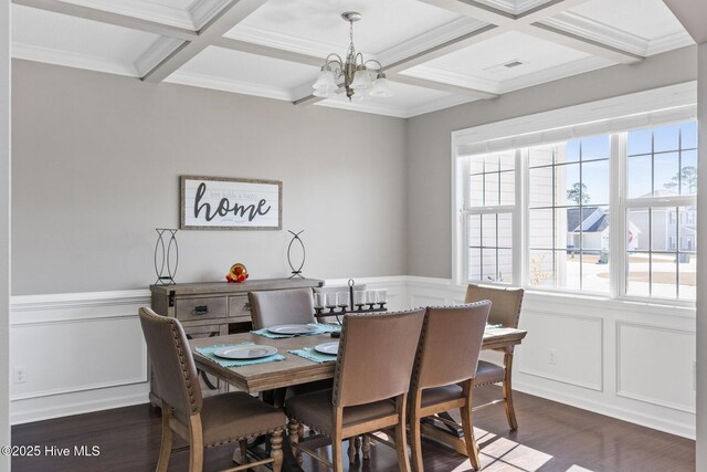 dining area with beamed ceiling, dark wood-style flooring, and coffered ceiling