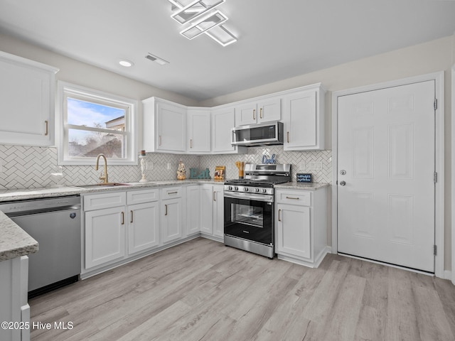 kitchen with visible vents, white cabinets, appliances with stainless steel finishes, light wood-style floors, and a sink