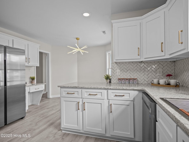 kitchen featuring appliances with stainless steel finishes, white cabinets, a peninsula, and decorative backsplash