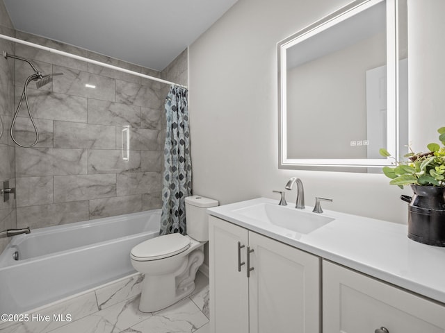 bathroom featuring toilet, marble finish floor, shower / tub combo, and vanity