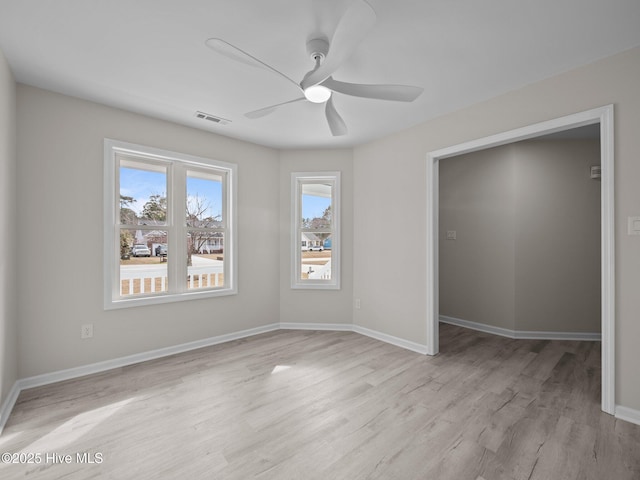 unfurnished bedroom featuring ceiling fan, light wood finished floors, visible vents, and baseboards