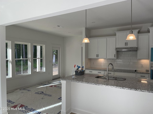 516 Belcroft Dr, Carthage, NC 28327 - kitchen with under cabinet range hood, a sink, light stone counters, decorative backsplash, and decorative light fixtures