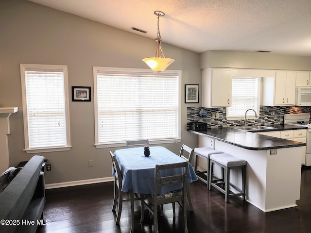 dining space featuring lofted ceiling, a textured ceiling, dark wood-style flooring, visible vents, and baseboards