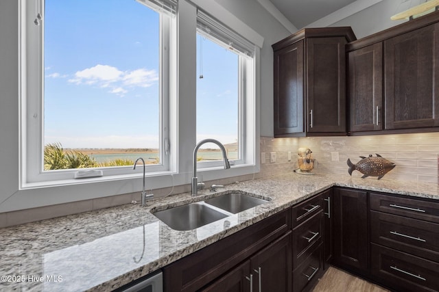 kitchen with backsplash, light stone countertops, a sink, and dark brown cabinets