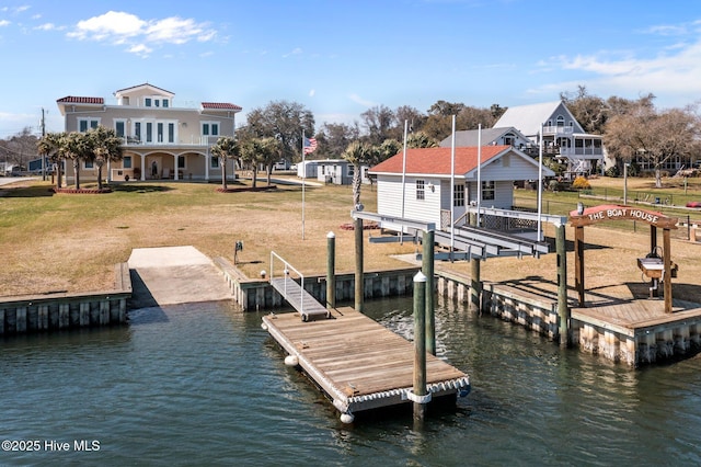dock area with a lawn and a water view