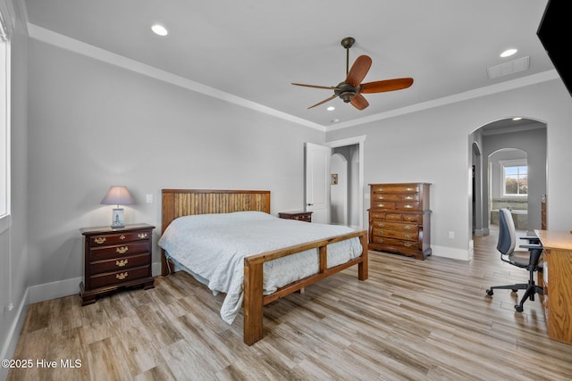 bedroom featuring recessed lighting, baseboards, light wood finished floors, and visible vents