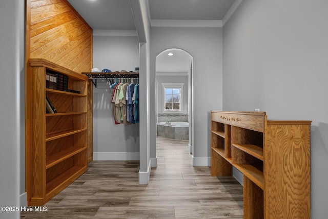 walk in closet featuring arched walkways and wood finished floors