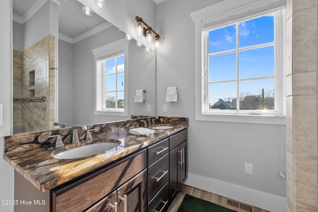 bathroom featuring a wealth of natural light, visible vents, baseboards, and a sink