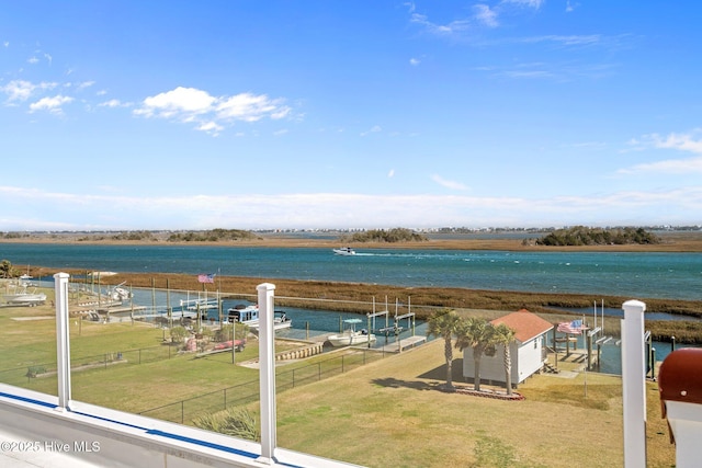 property view of water featuring fence