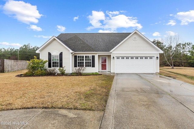 single story home with a shingled roof, fence, concrete driveway, a front yard, and a garage