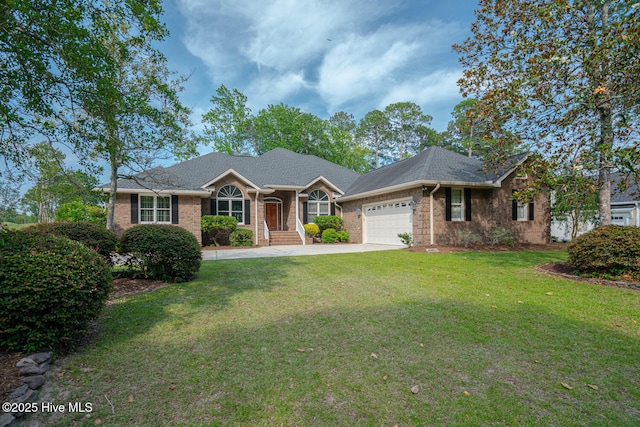 234 Crooked Gulley Cir, Sunset Beach, NC 28468 - ranch-style home with a garage, brick siding, a front lawn, and driveway