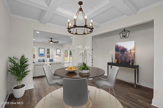 dining space with beam ceiling, baseboards, coffered ceiling, and wood finished floors