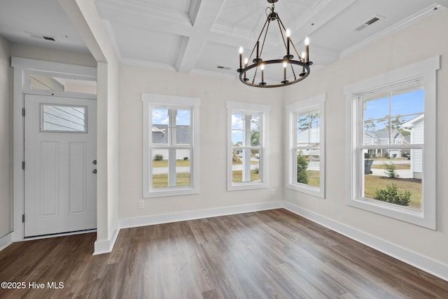 foyer featuring coffered ceiling, dark wood-style flooring, visible vents, and baseboards