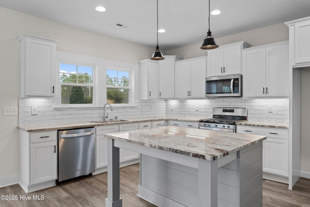 kitchen featuring white cabinets, stainless steel appliances, a sink, and wood finished floors