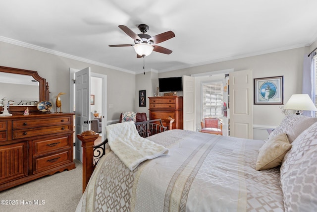 bedroom with light carpet, a ceiling fan, and crown molding