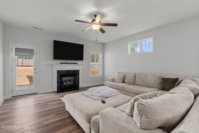 living area with baseboards, a fireplace, wood finished floors, and a healthy amount of sunlight