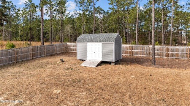 view of shed with a fenced backyard