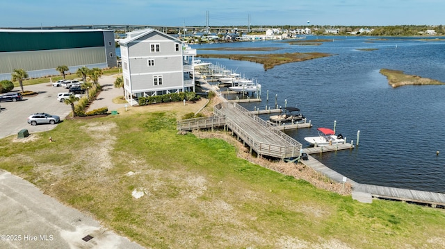 drone / aerial view with a water view